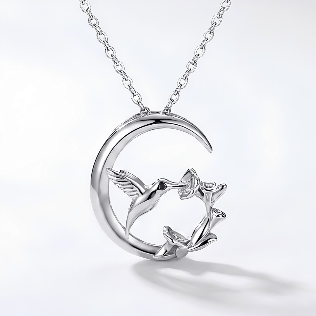 Silver Moonlit Hummingbird Necklace