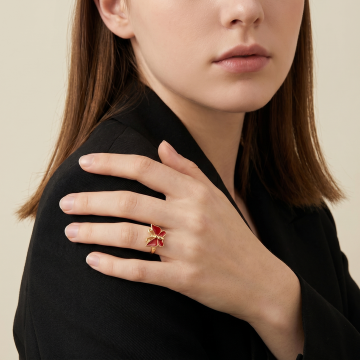 Red &amp; Pink Bloom Butterfly Ring - (ADJUSTABLE)